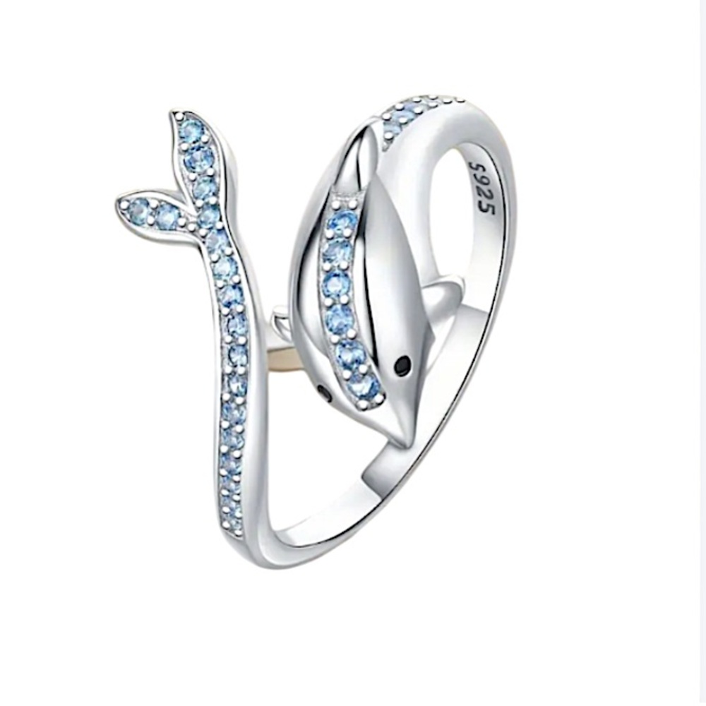 New 925 Adjustable Silver Dolphin Ring with Blue Accents